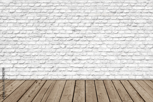 white brick wall with wooden surface