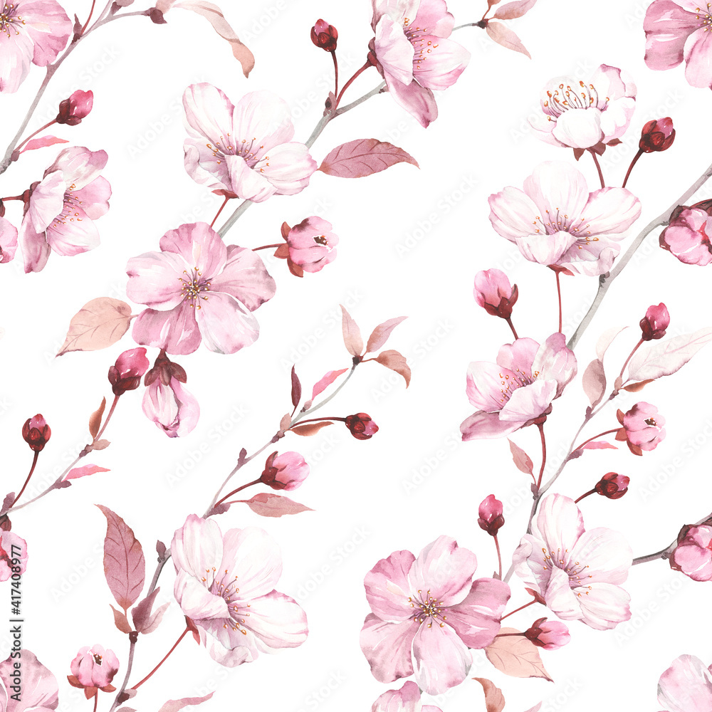 Blossoming flowers sakura on branches, seamless floral pattern on white background, watercolor colorful illustration for floral textile, wallpaper or romantic cover.