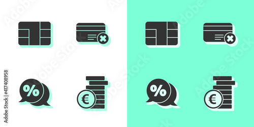 Set Coin money with euro symbol, Credit card chip, Discount percent tag and remove icon. Vector.