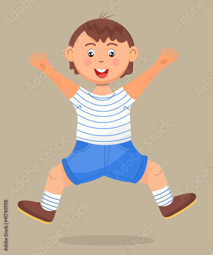 Happy school kid jumping. Cartoon character has fun, runs, jumps, plays. Boy illustration vector
