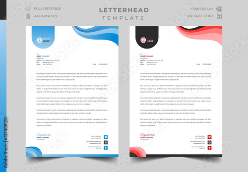 Business Letterhead Design Template for corporate and official use, blue, blue, red color variation. 