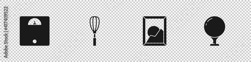 Set Bathroom scales, Kitchen whisk, Picture landscape and Golf ball on tee icon. Vector.