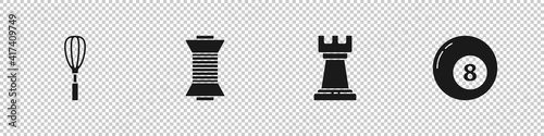 Set Kitchen whisk, Sewing thread on spool, Business strategy and Billiard snooker ball icon. Vector.