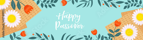 Passover banner. Pesach template for your design with matzah and spring flowers. Happy Passover inscription. Jewish holiday background. Vector illustration photo