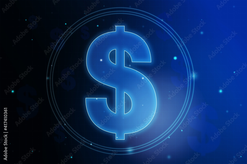 Blue glowing dollar symbol in transparent circle on abstract technology background, financial concept Blue glowing dollar symbol in transparent circle on abstract technology background, financial concept