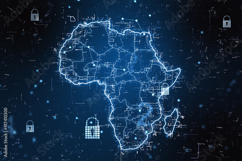 Fotografiet Cyber security concept with digital Africa map with locks and glowing lines on a