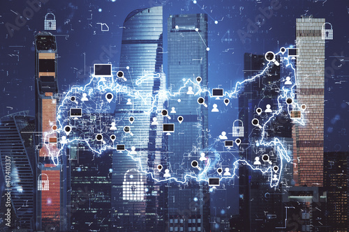 Photography People communication concept with digital Russia map with locks and social media