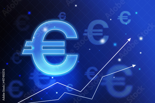 Growing up currency concept with euro symbol and arrows up at abstract technology background photo