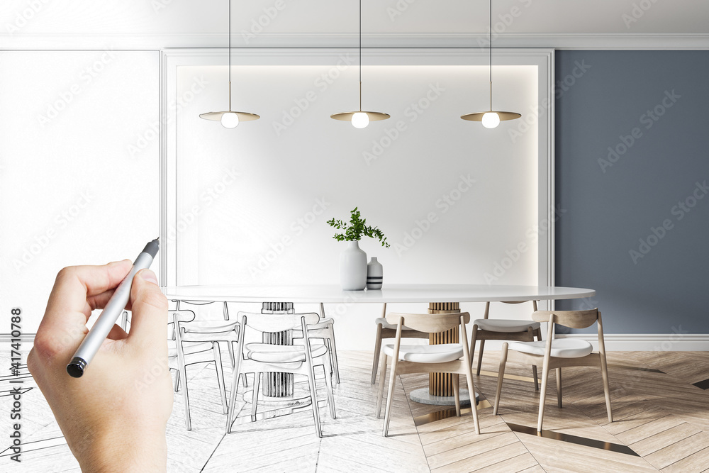 Unfinished interior design project of modern dining room with furniture ...