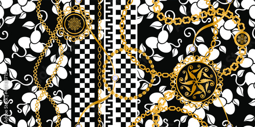 Seamless pattern decorated with precious stones, gold chains and pearls.	