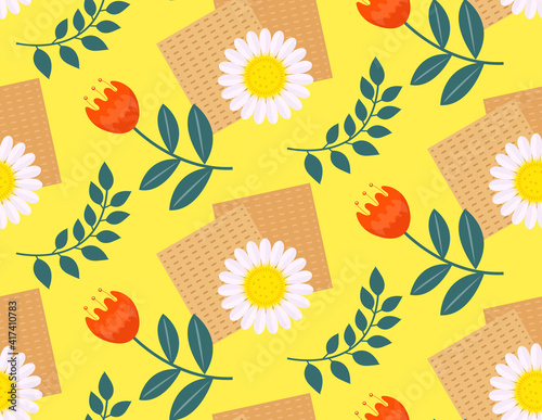 Passover seamless pattern with matzah and flowers spring. Pesach endless background, texture. Vector illustration