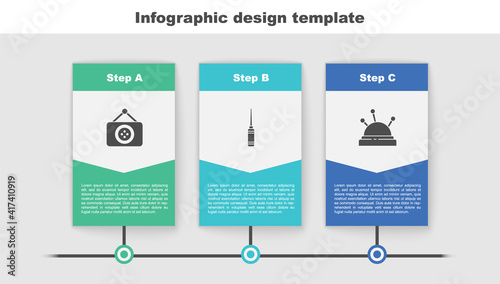 Set Tailor shop, Awl tool and Needle bed and needles. Business infographic template. Vector.
