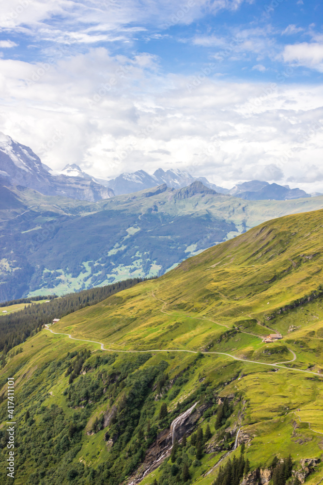 The Grindewald Valley and First viewpoint in Switzerland on a sunny day