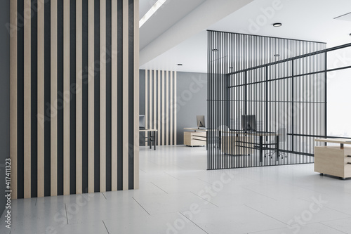 Modern openspace office with airy partition and blank striped wooden wall opposite big window. Mockup