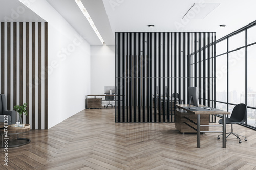 Foto Airy partition in the center of modern eco style open space office with dark woo