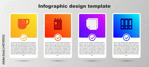 Set Cup of tea with tea bag, Spiral notebook, Post stickers and Office folders. Business infographic template. Vector.