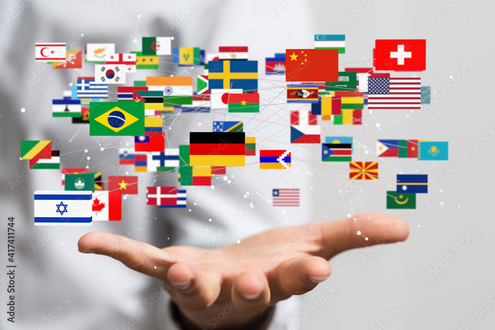 World map with all states and their flags World map with all states and their flags
