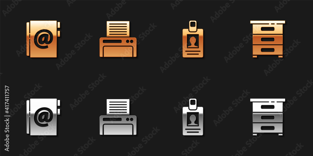Set Address book, Printer, Identification badge and Drawer with documents icon. Vector. Set Address book, Printer, Identification badge and Drawer with documents icon. Vector.
