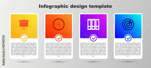 Set Chalkboard with diagram, Clock, Office folders and Target sport. Business infographic template. Vector.