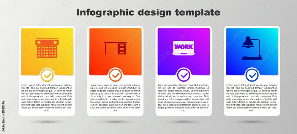 Set Calendar, Office desk, Laptop with text work and Table lamp. Business infographic template. Vector. Set Calendar, Office desk, Laptop with text work and Table lamp. Business infographic template. Vector.