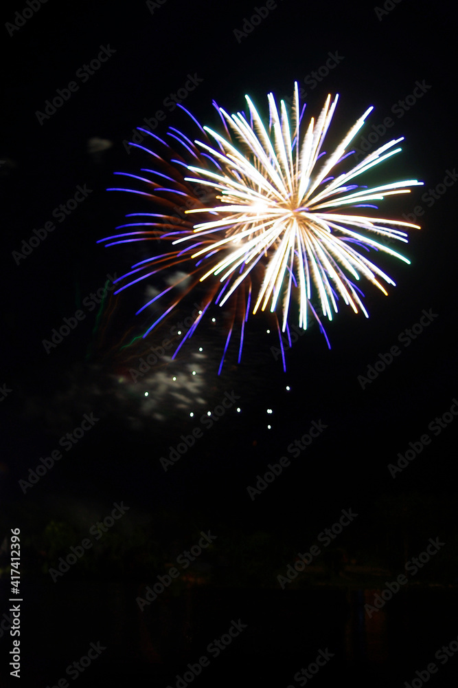 white and blue round exploding fireworks in black sky with copy space