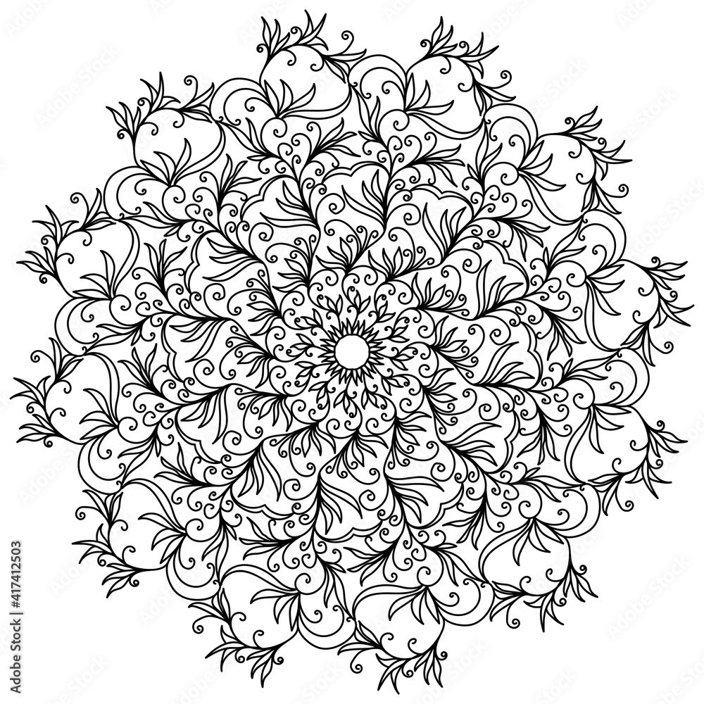 Contour doodle mandala with swirls and flower petals, zen coloring page for creativity