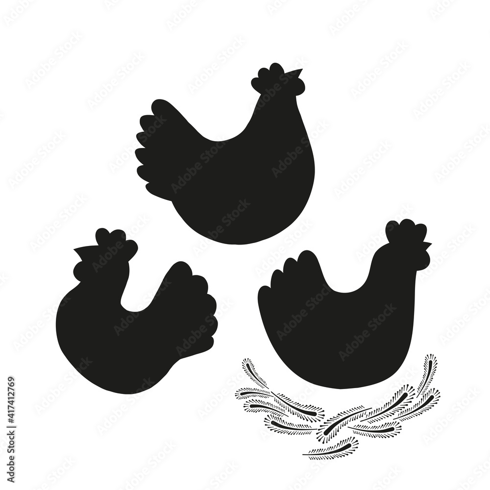 Easter chicken black silhouette collection. Hen in nest clipart