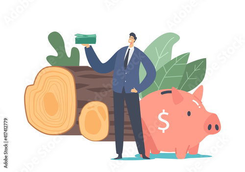 Tiny Businessman Character Holding Dollars Pile Stand at Huge Piggy Bank and Wood Logs. Biological Alternative Fuel