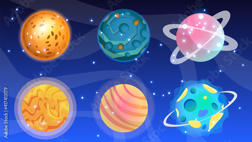 Space bodies color pack on purple background. Astronomy. Vector set of cartoon planets. Space background. Fantasy planets.