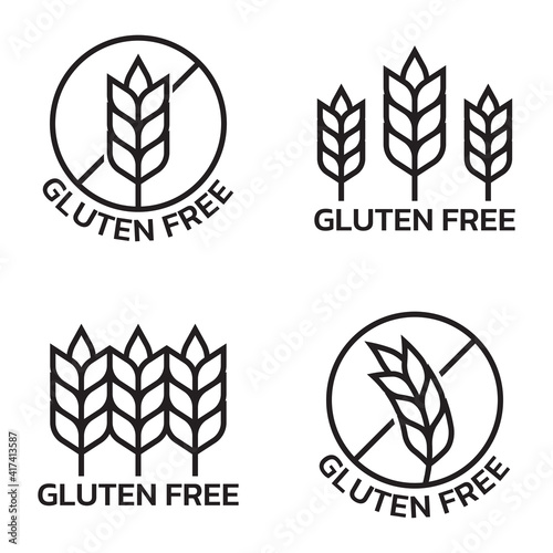 Gluten free icon set with grain or wheat symbol. Food allergy label or logo collection. Vector illustration.