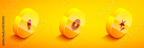 Set Isometric USB flash drive, Camera shutter and Movie trophy icon. Vector.
