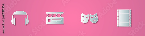 Set paper cut Headphones, Movie clapper, Comedy and tragedy masks and Play Video icon. Paper art style. Vector.