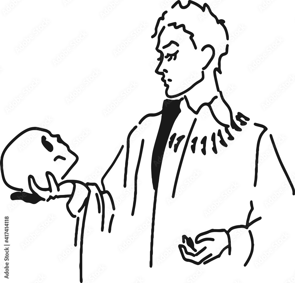 Shakespeare hamlet holding skull in hand vector. Man in vintage suit