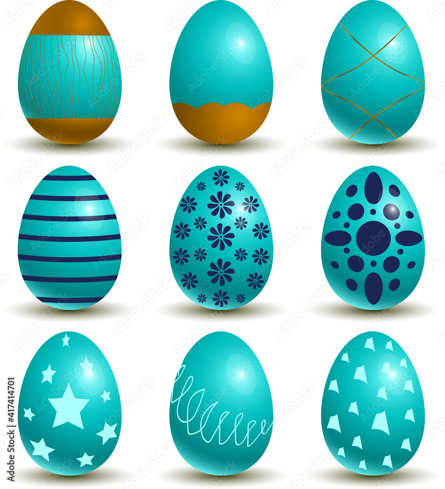 Set of blue Easter eggs with different textures on a white background 3D. Floral and geometric patterns. Spring holiday. Vector illustration. Happy Easter eggs. Set of blue Easter eggs with different textures on a white background 3D. Floral and geometric patterns. Spring holiday. Vector illustration. Happy Easter eggs.