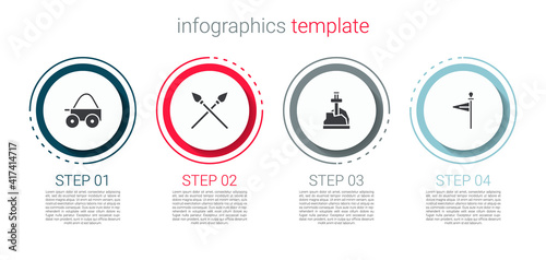 Set Wooden four-wheel cart, Crossed medieval spears, Sword in the stone and Medieval flag. Business infographic template. Vector.
