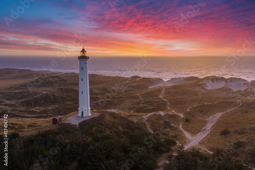 Built in 1906, the 38 meter tall Lyngvig Fyr Lighthouse on the Danish North Sea coast serves as a beautiful tourist attraction amongst the Danish Sand Dunes.