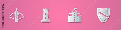 Set paper cut Battle crossbow with arrow, Castle tower, Castle, fortress and Shield icon. Paper art style. Vector.