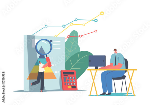 Statistical and Data Analysis for Business Investment and Financial Monitoring. Tiny Business Characters with Diagrams