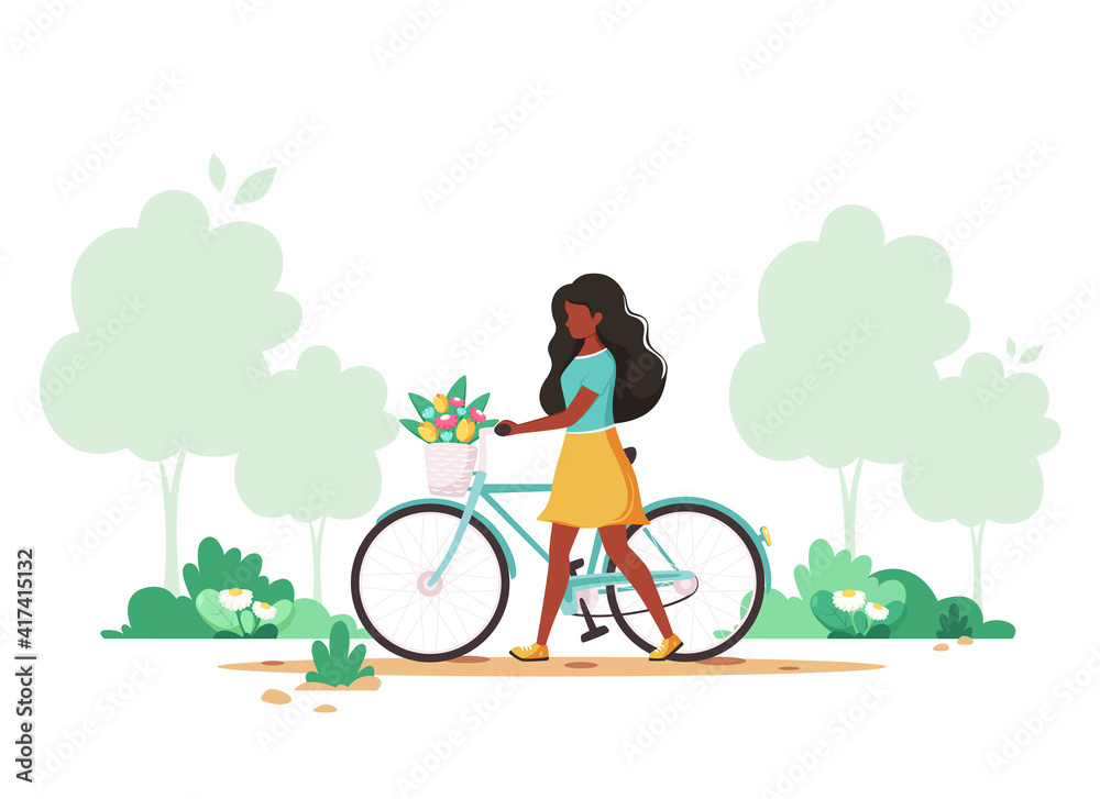 Black woman with a bike with flowers in the basket. Springtime. Vector illustration. Black woman with a bike with flowers in the basket. Springtime. Vector illustration.