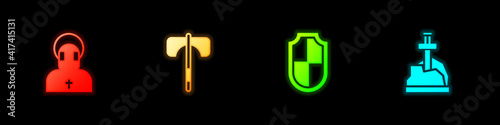 Set Monk, Medieval axe, Shield and Sword in the stone icon. Vector.