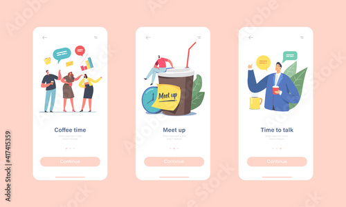 Colleagues Meetup Mobile App Page Onboard Screen Template. Businesspeople Characters Company Employees Coffee Break