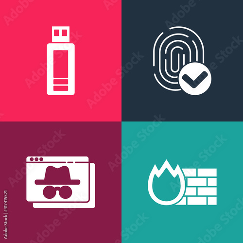 Set pop art Firewall, security wall, Browser incognito window, Fingerprint and USB flash drive icon. Vector.
