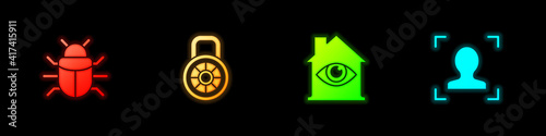 Set System bug, Safe combination lock, House with eye scan and Face recognition icon. Vector.