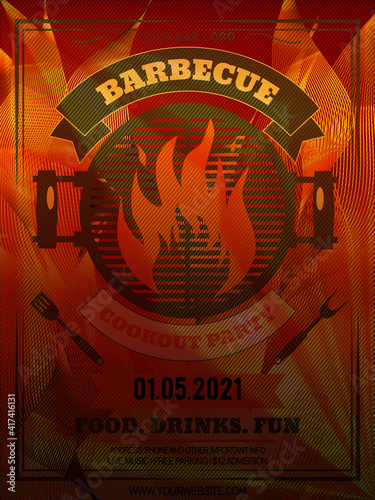 Vector barbecue party invitation design template. BBQ cookout poster design with classic charcoal grill, fork, cooking paddle and sample text on fire background. Pop Art style flyer. Easy to edit.