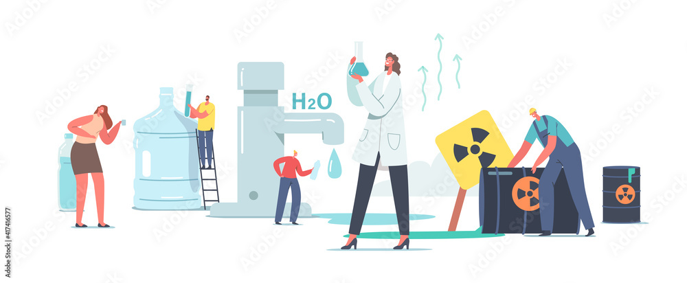 Chemicals in Water Concept. Tiny Scientist Female Character in White Lab Coat Hold Beaker Research Water Sample Chemicals in Water Concept. Tiny Scientist Female Character in White Lab Coat Hold Beaker Research Water Sample