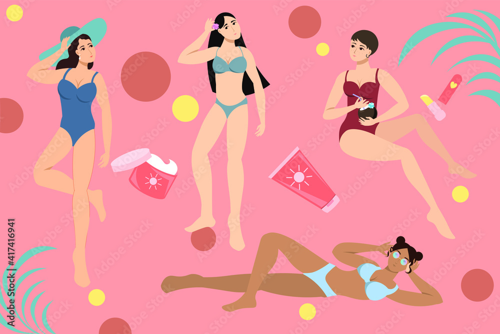 set of beautiful girls in swimwear. Sunscreen advertisement set of beautiful girls in swimwear. Sunscreen advertisement