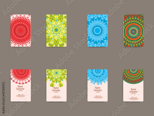Vector vintage visiting card set. Floral mandala pattern and ornaments. Oriental design Layout. Islam, Arabic, Indian, motifs. Front page and back page. Layered separately in vector. Easy to edit.