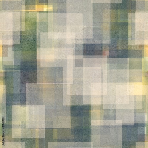 Seamless overlaid geometric shape pattern print. High quality illustration. Transparent rectangles filled with gradient colors scattered. Handmade paper texture overlay.