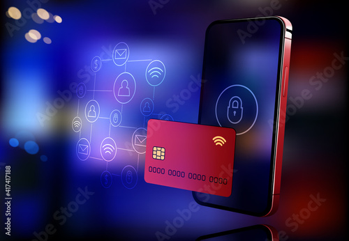 Internet banking concept. Mobile phone banner. Digital bank. Online payment, security transaction via credit card. Wireless pay through phone. Digital technology transfer pay. Vector illustration