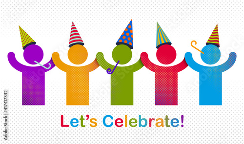 Celebrating people vector concept simple illustration or icon, celebration anniversary or holiday fun, group of cheerful happy people having fun at party.
